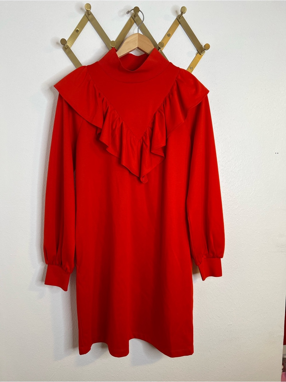 NWT WhoWhatWear Red Ruffle-Front Long Sleeve Dress